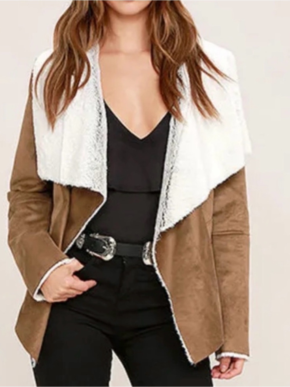 Suede and faux shearling fur Wrap long sleeve jacket BB Dakota NWT Small Tan